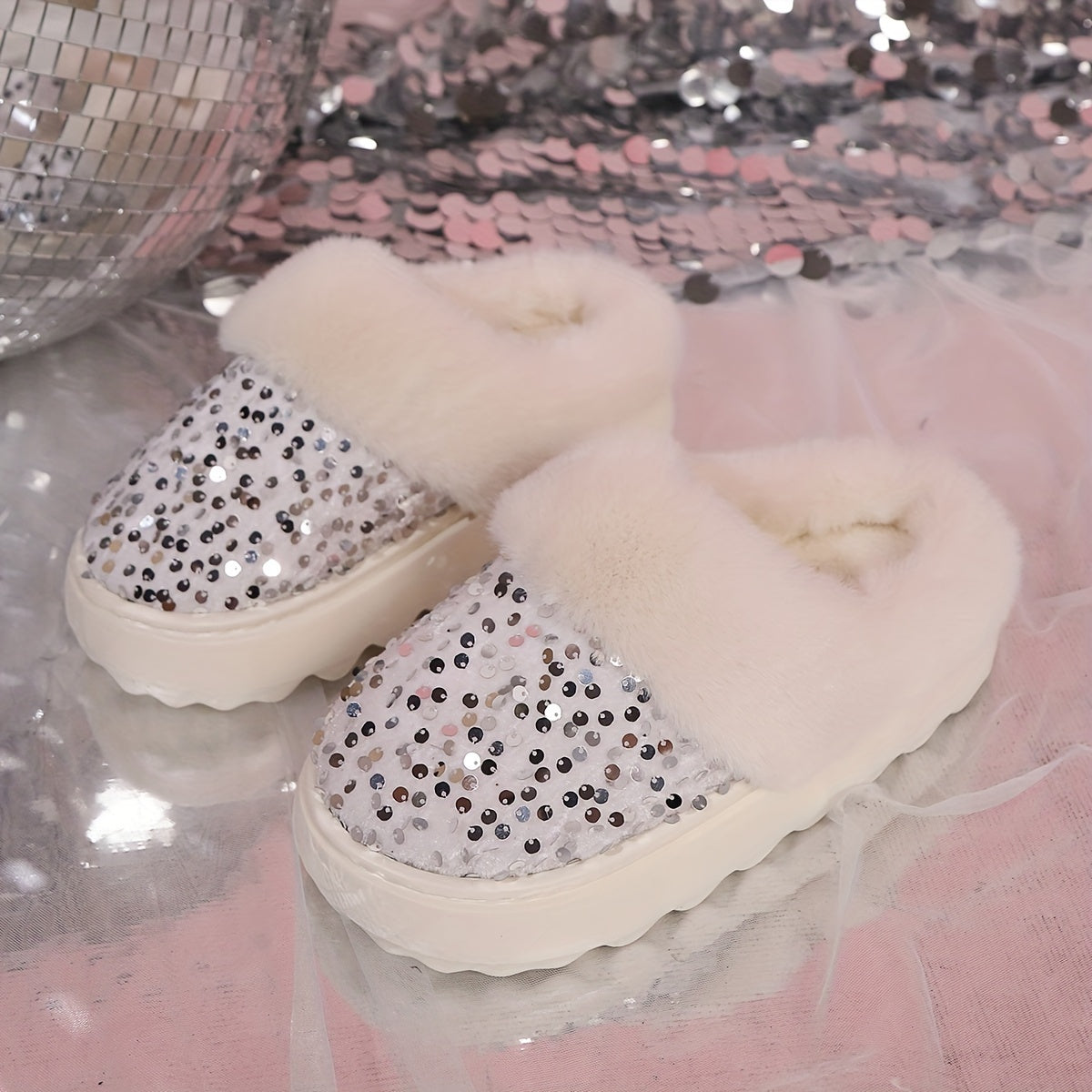 Women's Fashion Sequin Embellished Comfortable Non-Slip Warm Thick Sole Soft Fabric Slippers, Solid Color, with EVA Outsole and Fabric Insole, for Indoor Home Use, Winter Season